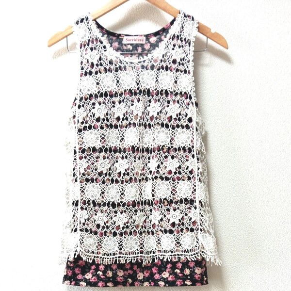 トップス (M) 重ね着 《編み込み》 花柄 半袖 夏 可愛い (2枚重ね!) レース ノースリーブ レディース ファッション