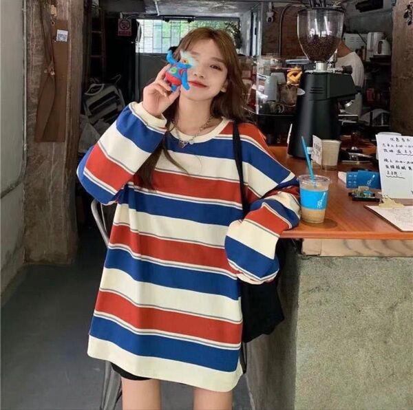 レディース 春物 トップス韓国 オーバーサイズ ボーダー XL ビッグシルエット