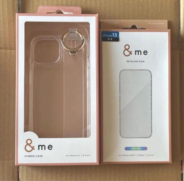 エレコム&me iPhone 15用ハイブリッドケース + iPhone15 ガラスフィルム &me 全面 オーロラフレーム