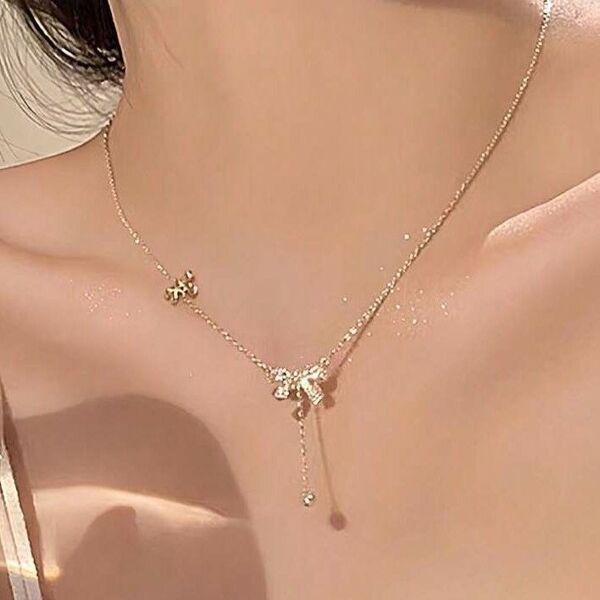 キュービックジルコニア リボン ノットネックレス エレガント シンプル 可愛い お洒落 レディース ゴールド261667