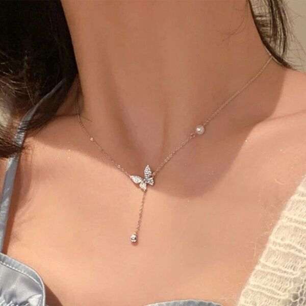ダブルレイヤー バタフライ ネックレス パール キュービックジルコニア シンプル 可愛い レディース シルバー993436