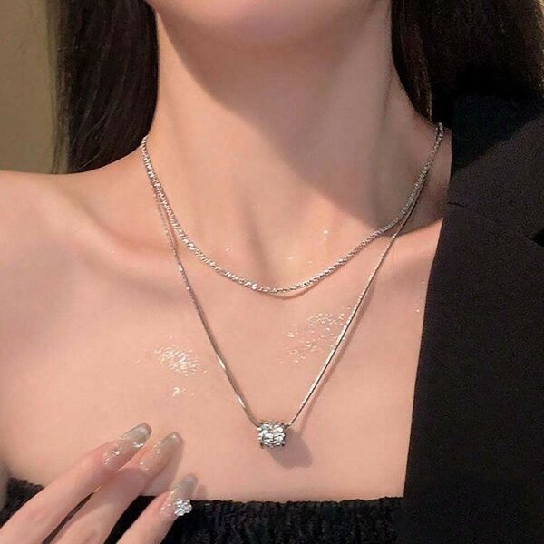 ダブルレイヤー ネックレス 可愛い シンプル お洒落 韓国 ペンダント 小さなウエストデザイン レディース シルバー996678