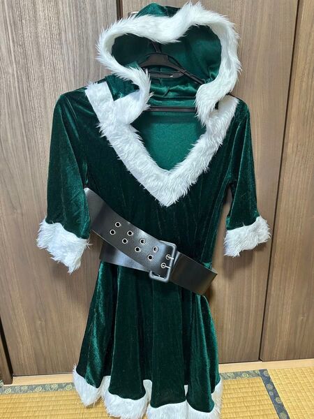サンタコスプレ サンタクロース グリーン ベルト付き もこもこ クリスマス