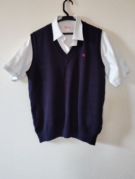 【美品】高校 制服 半袖ワイシャツ(L) ベスト(LL) 2点セットKANKO 学生服 ホームクリーニング済み