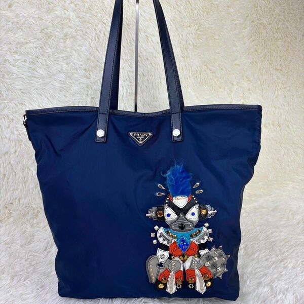 極美品!PRADA プラダ テスート ロボット パッチワーク ビジュー 三角ロゴ プレート ネイビー ナイロン トートバッグ