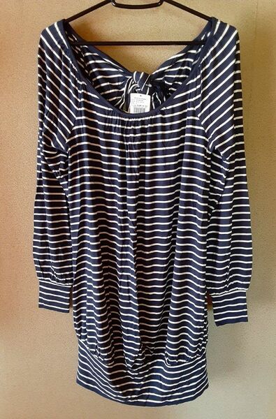 新品 PJ ワンピース チュニック 後ろリボン ワンピ 紺 ネイビー ボーダー 美シルエット トップス プルオーバー パフ長袖
