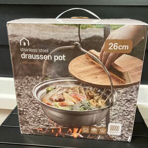 焚き火鍋 26cm ステンレス鋼 蓋は天然木 新品 未使用品