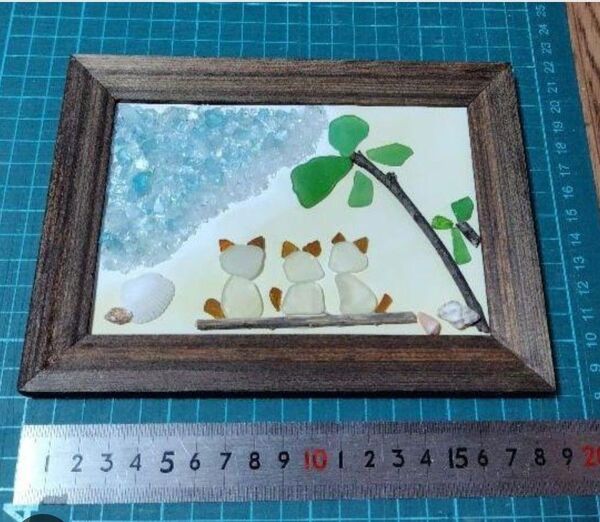 猫と植物と海岸 シーグラスアート ハンドメイド インテリア