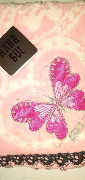 ANNA SUI タオルハンカチ ピンク 蝶 刺繍 レース