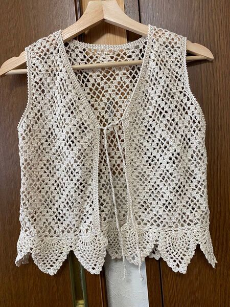 ハンドメイド 透かし編み ボレロ ベスト キナリ レース ナチュラル系