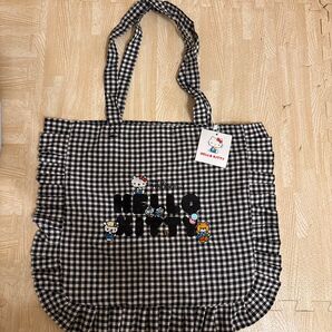 ハローキティ ギンガムチェックトートバッグ フリル エコバッグ