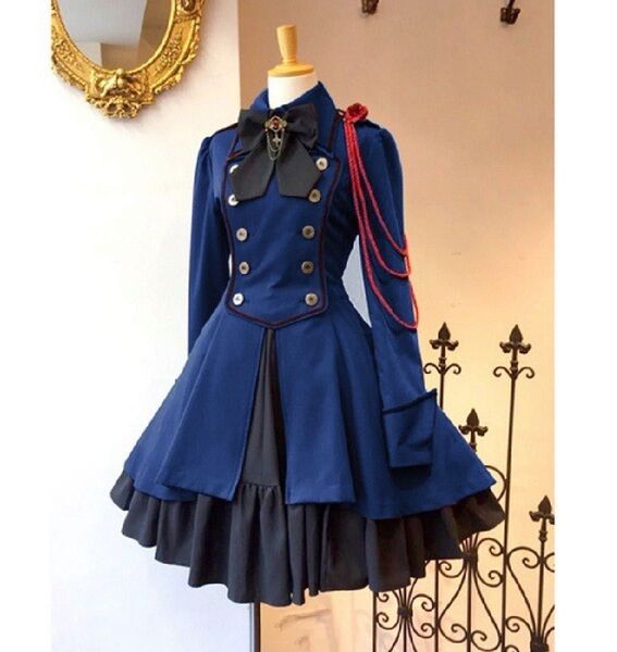 軍服ワンピース Mサイズ ブルー コスプレ衣装 ロリータドレス ゴシック 姫系 フリルワンピース リボン