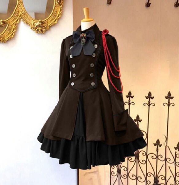 軍服ワンピース Mサイズ ブラウン コスプレ衣装 ロリータドレス ゴシック 姫系 フリルワンピース リボン
