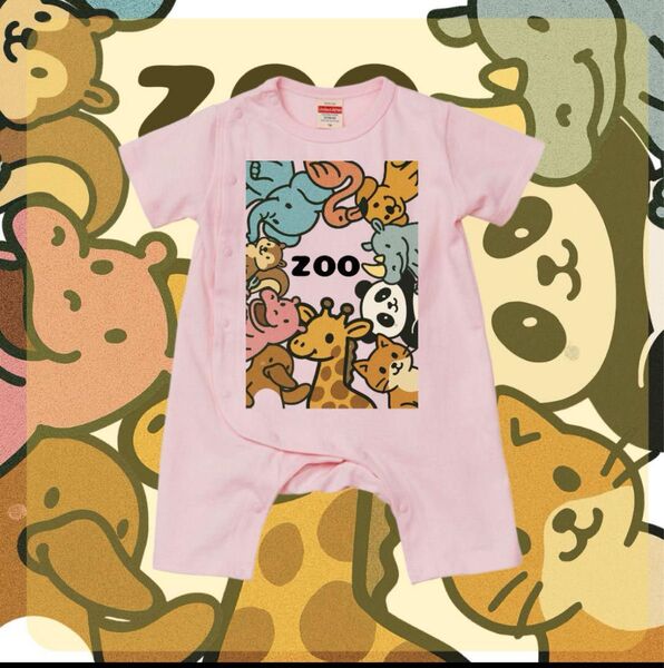 ベビーグッズ オリジナルプリント Zoo かわいい 動物 ステッカー ロンパース 半袖 カバーオール ピンク ベビー 女の子