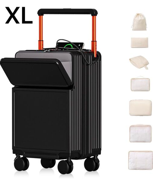 【新品未使用】 キャリーケース スーツケース 黒 ブラック XL 78L 8〜12泊 カップホルダー サイドフック ポーチ付