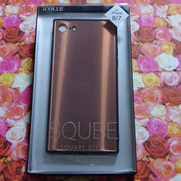 iPhone8 iPhone7 iPhoneSE ハードケース スクエアスタイル ガラス素材 メタルカラー ブロンズカラー