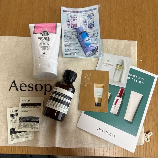 Aesop ボディーソープ ゼラニウム100mL、タイコスメの洗顔フォーム、試供品各種