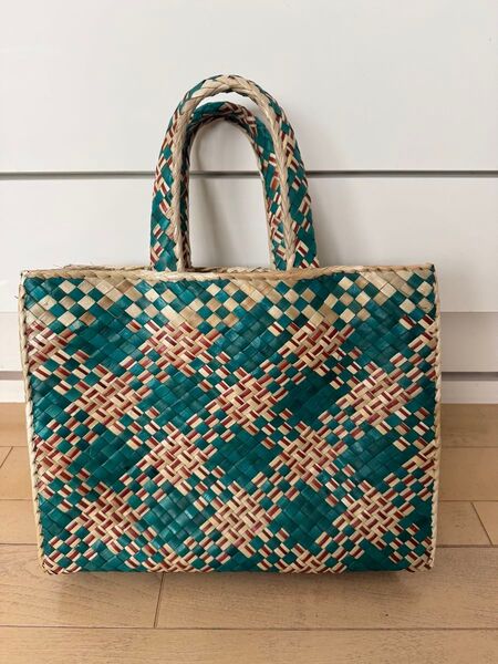 ハンドメイド かごバッグ グリーン ベージュ 茶