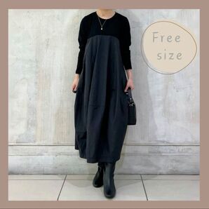 ロングワンピース レディース FREE 黒 ブラック コクーン 体型カバー マタニティ