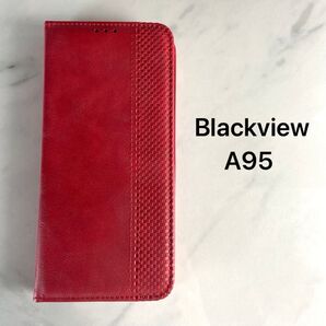 Blackview A95 ケース 手帳型 シンプル 高級PU レザー スタンド機能付全面保護 マグネット 吸着 レッド