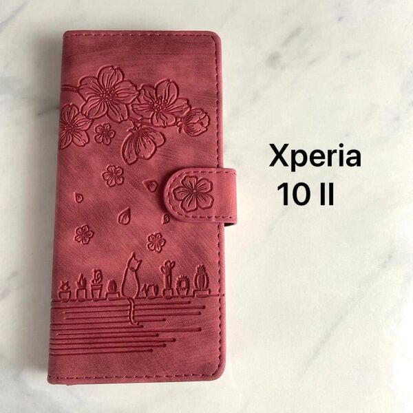 Xperia 10 II ケース so-41a sov43 手帳型 ストラップ付 スタンド機能付 可愛い 桜 花柄 猫 赤