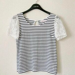 【最終価格】【美品】Bay Bay トップス 半袖Tシャツ ボーダー 袖レース M