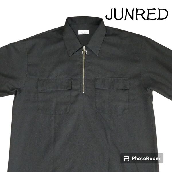 ジュンレッド JUNRED リング ハーフジップ シャツ プルオーバー 半袖 M ブラック オーバーサイズ オーバーシルエット