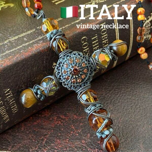 ITALY製 タイガーアイ 天然石 ガラス製 十字架 ネックレス ヴィンテージ
