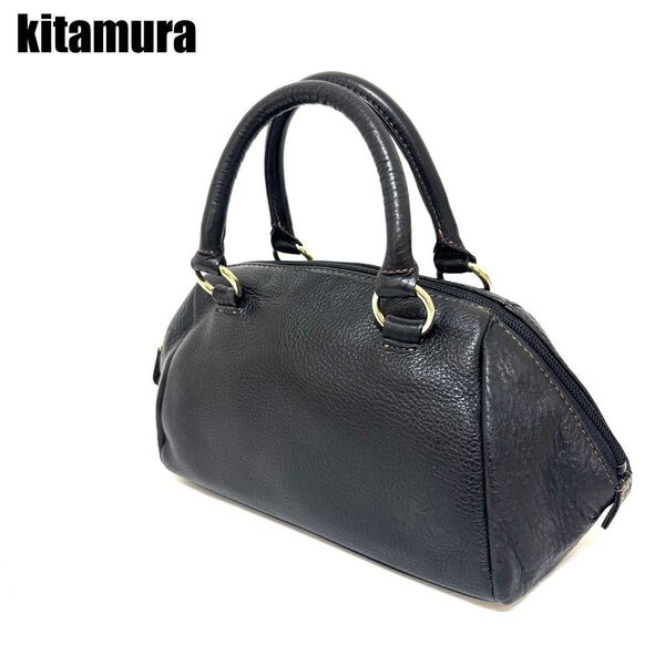 kitamura キタムラ レザーハンドバッグ ミニボストン シボ革 黒