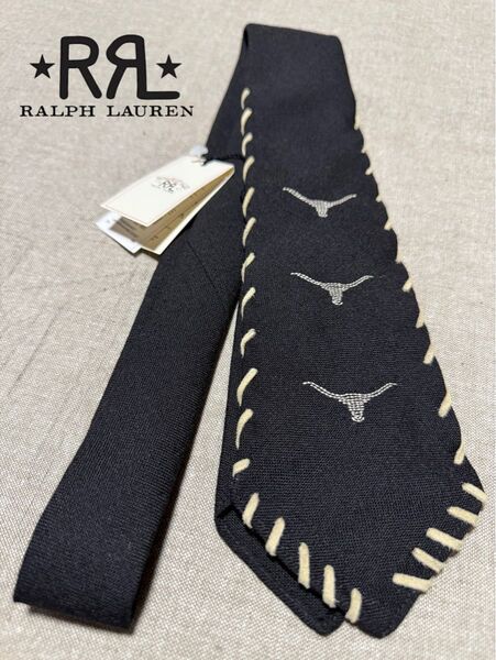 【新品】レア/RRL/ダブルアールエル/レザートリム/雄牛/刺繍/ハンドメイドタイ/ブラック/Italy製