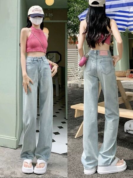 ジーンズ ワイドパンツ ハイウエスト パンツ ボトムス 加工デニム パンツ 韓国ファッション M