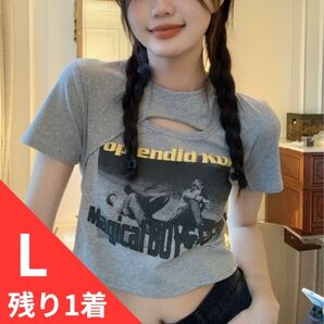 半袖 Tシャツ 春夏 ミニ丈 へそ出し グレー Lサイズ プリント