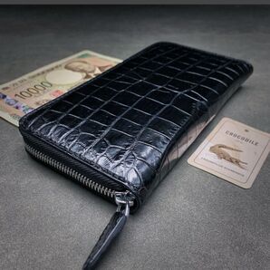 クロコダイル 長財布(ラウンドファスナー/センター部位/ハンドメイド/ブラック色/本物/本腹革使用/本ワニ革/未使用/実物写真)