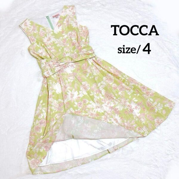 美品 TOCCA 【洗える!】FLORIOGRAPHY ドレス グリーン L 花柄 ノースリーブ ワンピース