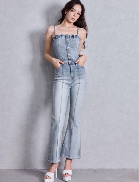 GYDA バックリボンデニムロンパースフレアパンツ アイスブルー