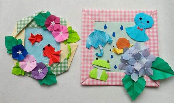 季節の折り紙 リース 紫陽花 梅雨 朝顔 金魚 夏 壁面飾り