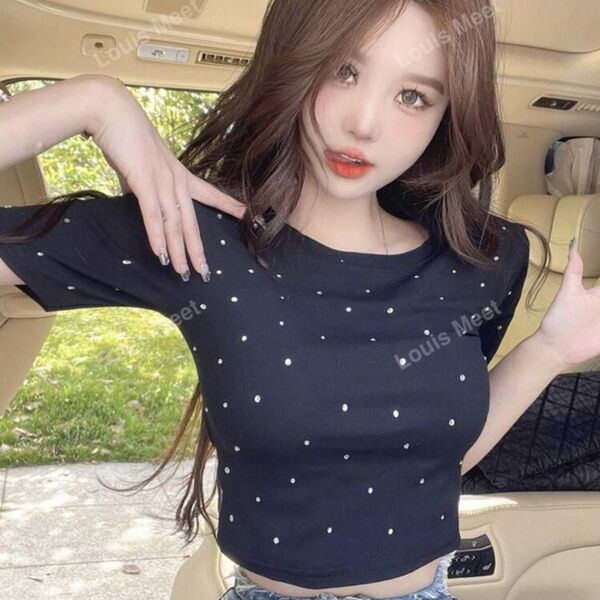 ラウンドネック Tシャツ 短袖 カジュアル ラインストーン装飾 SHEIN シーイン ブラック