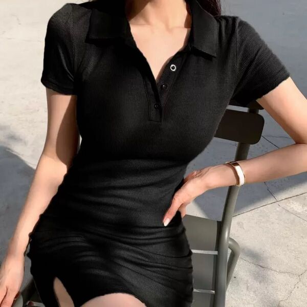 DAZY ポロネック スプリットヘム ドレス ニットワンピース SHEIN シーイン ブラック