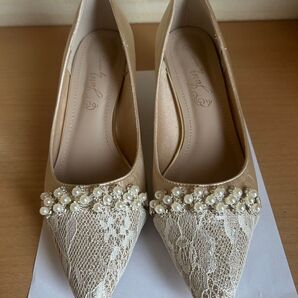 結婚式 ビジューパール飾りグリッターレースパンプス