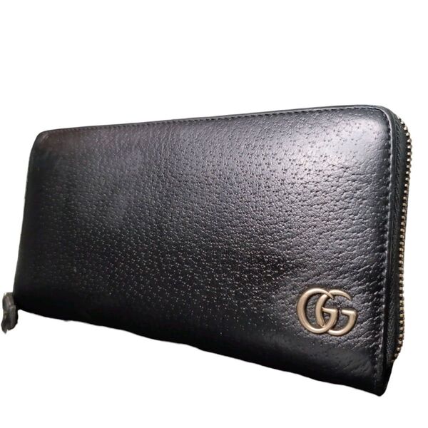 GUCCI グッチ GGマーモント ラウンドファスナー ラウンドジップ ggロゴ 長財布 ジッピーウォレット 本革 黒 ブラック