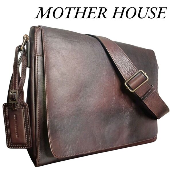 MOTHER HOUSE マザーハウス アンティークレザー ショルダーバッグ メッセンジャーバッグ 裏地チェック フラップ 濃茶