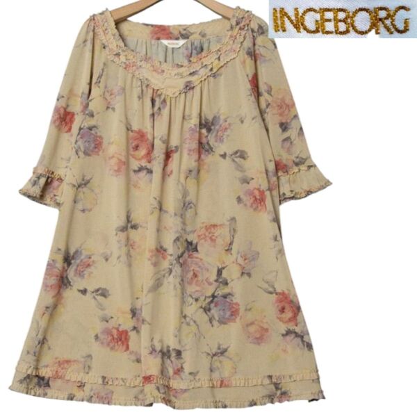 INGEBORG インゲボルグ 花 フラワー ボタニカル 柄 ひざ丈 ワンピース チュニック トップス フリル Aライン 七分袖