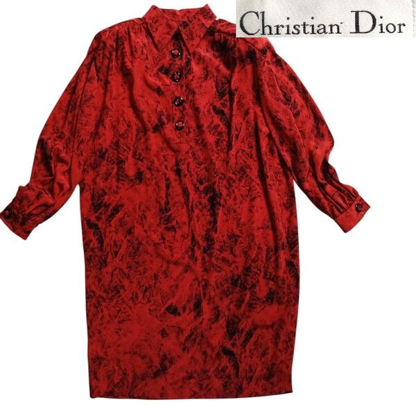 Christian Dior クリスチャンディオール シルク 絹 100% タック ロング丈 ボタン付き ワンピース 赤 レッド