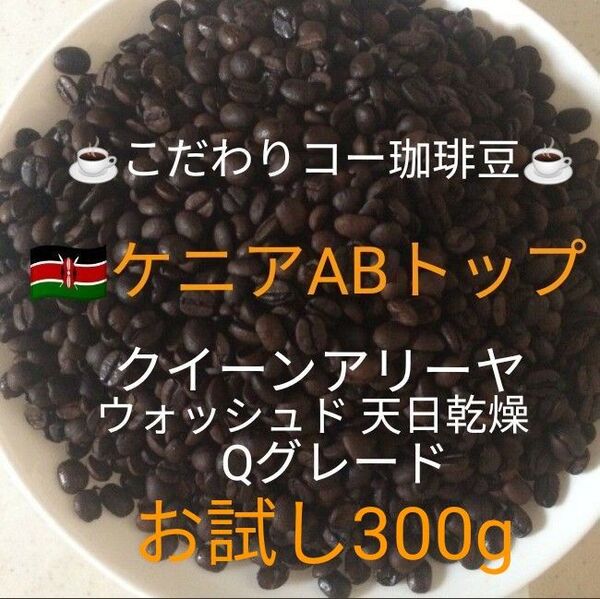 こだわり珈琲豆 ケニアABトップ クイーンアリーヤ お試し300g 自家焙煎珈琲 中深煎り Qグレード ウォッシュド 天日乾燥