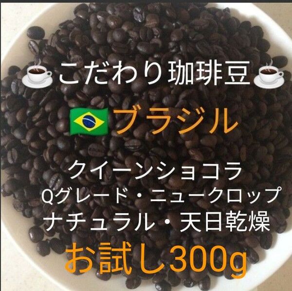 こだわり珈琲豆 ブラジルNo.2 クイーンショコラ お試し300g Qグレード 中深煎り ナチュラル 天日乾燥