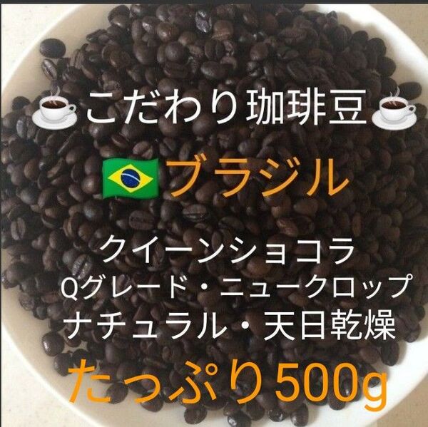 こだわり珈琲豆 ブラジルNo.2 クイーンショコラ Qグレード たっぷり500g 中深煎り ナチュラル 天日乾燥