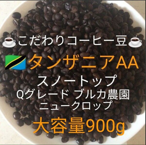 大容量900g こだわり珈琲豆 タンザニアAA スノートップ 中深煎り 自家焙煎珈琲 Qグレード ブルカ農園