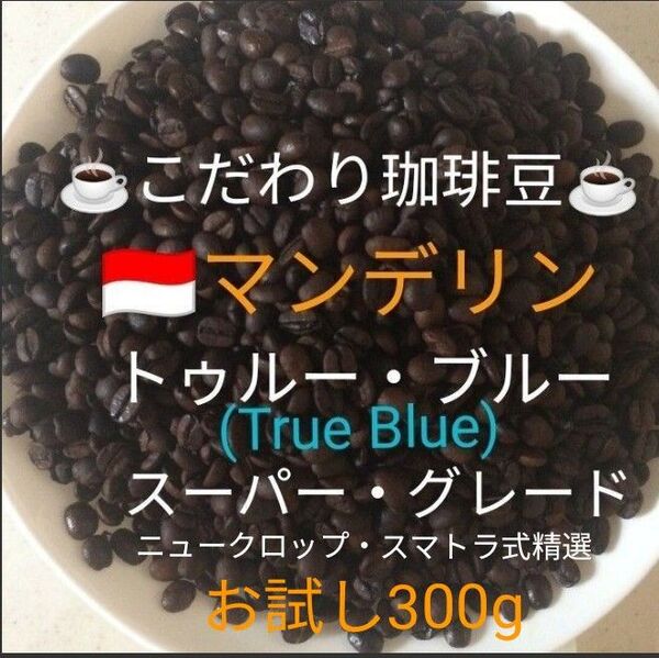 こだわり珈琲豆 マンデリン トゥルー・ブルー スーパーグレード 中深煎り お試し300g 自家焙煎 ニュークロップ Qグレード
