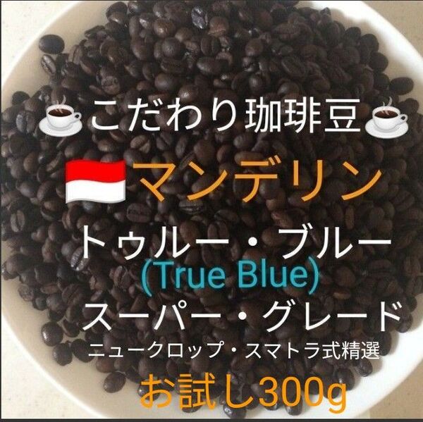 こだわり珈琲豆 マンデリン トゥルー・ブルー スーパーグレード 中深煎り お試し300g 自家焙煎 ニュークロップ Qグレード