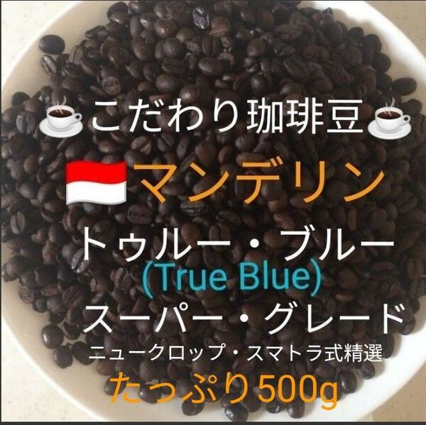 こだわり珈琲豆 マンデリン トゥルー・ブルー スーパーグレード たっぷり500g 中深煎り 自家焙煎 ニュークロップ Qグレード